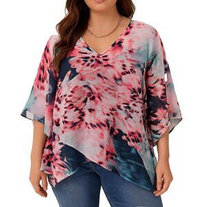 Jennifer Lopez Women 2X Pink Floral Sheer Overlay Blouse V-Neck Asymmetrical Top
